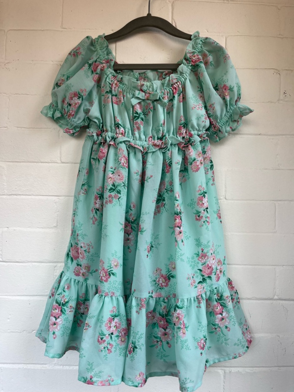 Janie and Jack Mint Green Floral Puff-Sleeve Dress Girls Size 5 Spring Summer